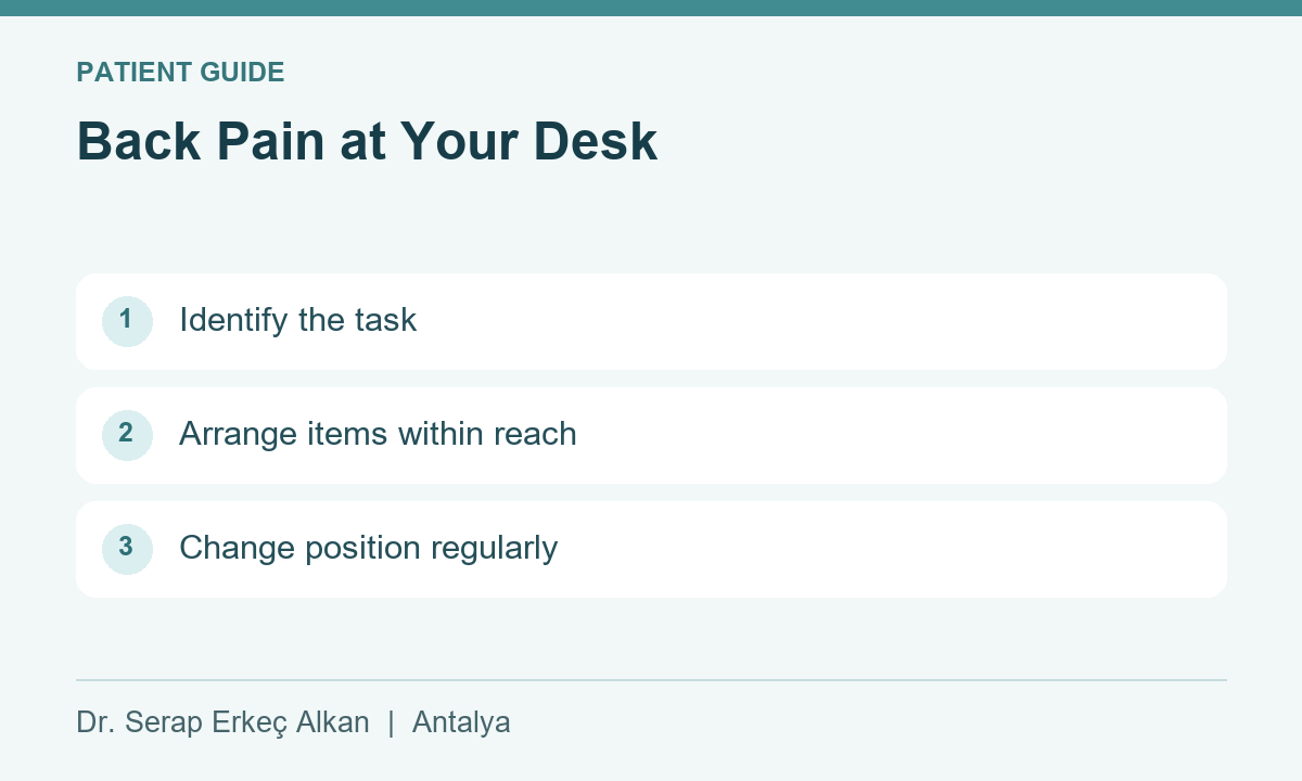 Back Pain at Your Desk: Identify the task, Arrange items within reach, Change position regularly