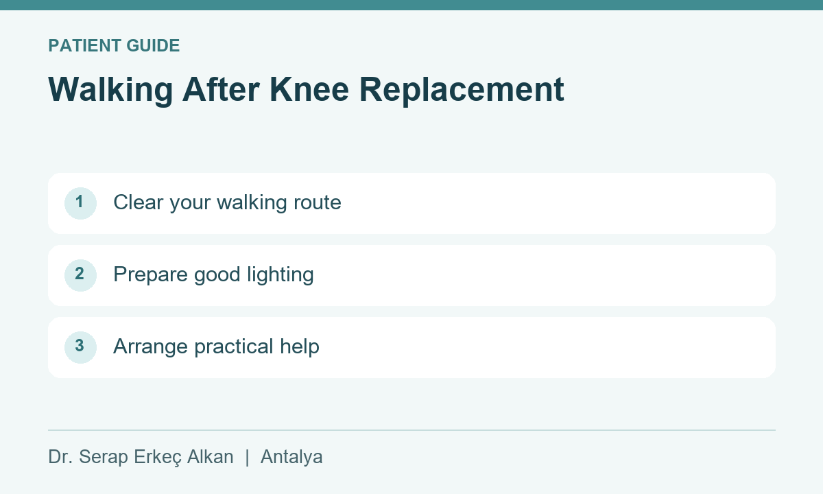 Walking After Knee Replacement: Clear your walking route, Prepare good lighting, Arrange practical help