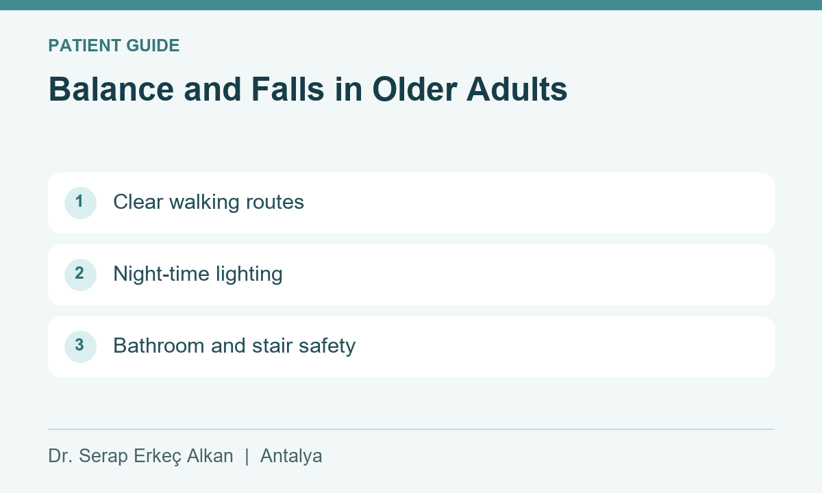 Balance and Falls in Older Adults: Clear walking routes, Night-time lighting, Bathroom and stair safety